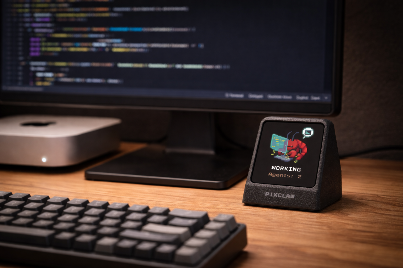 Close-up of PixClaw hardware showing pixel character and Working status on screen
